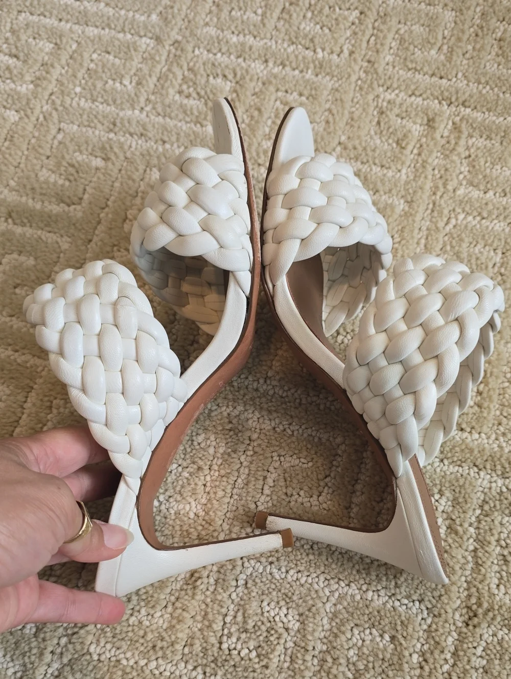 BCBGMaxAzria White Braided Double-Strap Slide Heels, Size 7.5